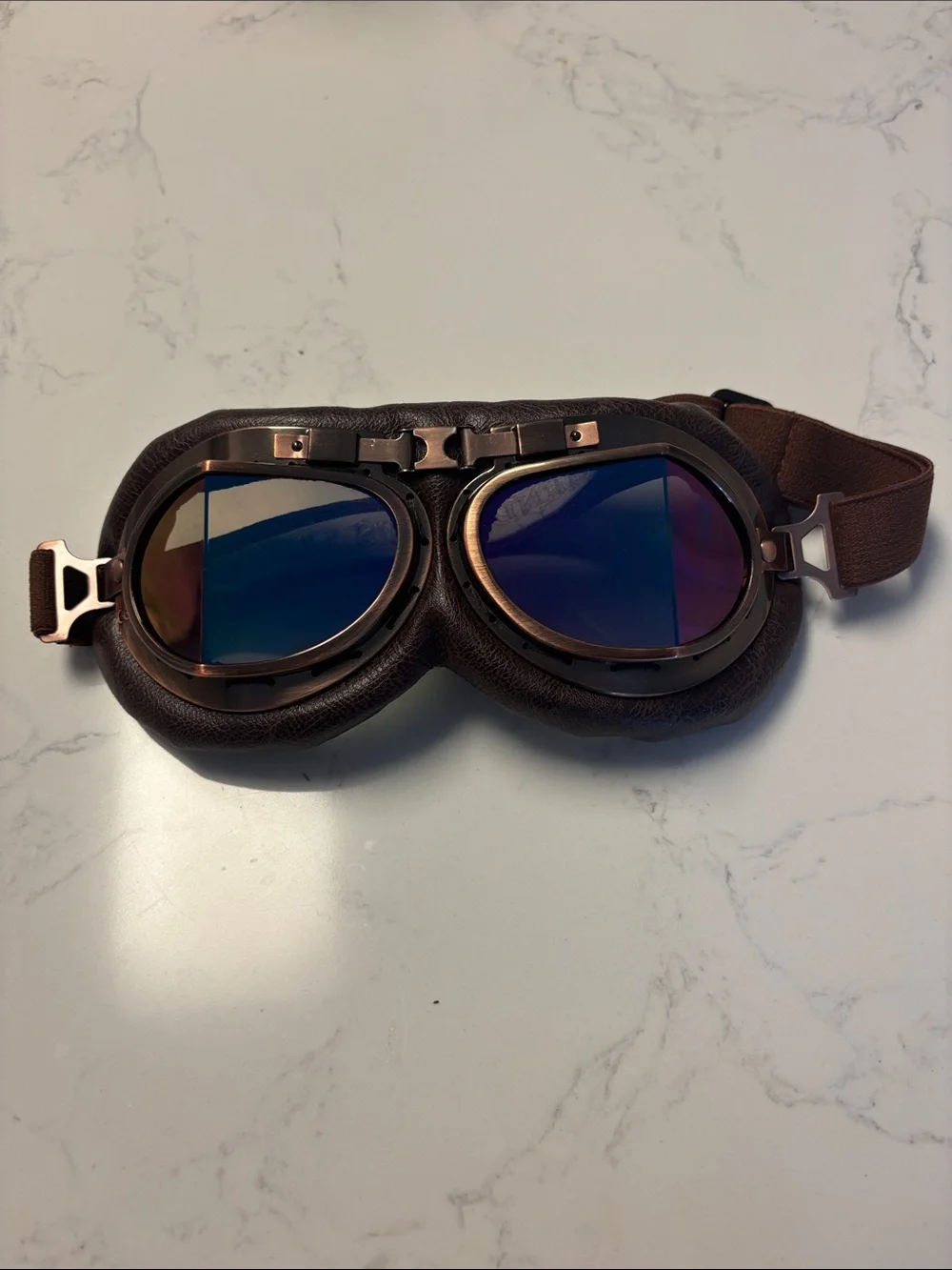 Aviator Style Brown Leather Goggles with Blue Mirrored Lenses